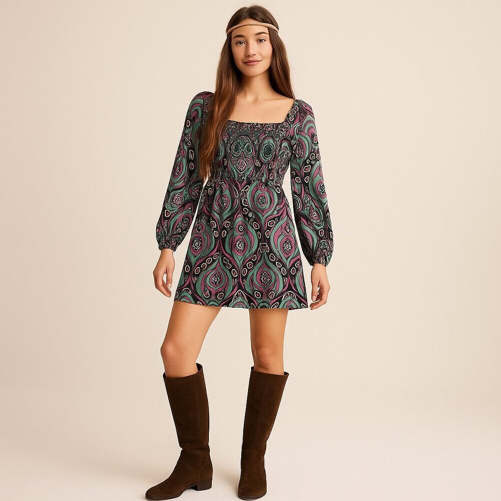 Bisou Bisou Peasant Dress Stretch Smocked Bodice Mod Boho Print Neck M Geometric
